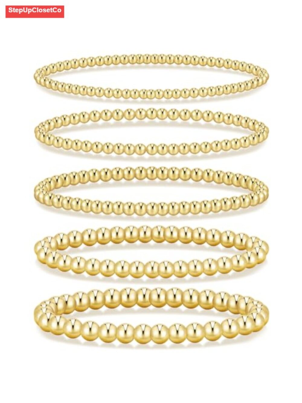 14K Gold Plated Stretch Bracelets Set, 5 Pcs Chunky Bead Stackable Bracelets,